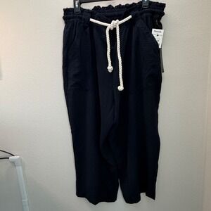 Rachel Zoe Navy Blue Crinkle Wide Leg‎ Pants Cropped Drawstring Wst Plus Size 1X
